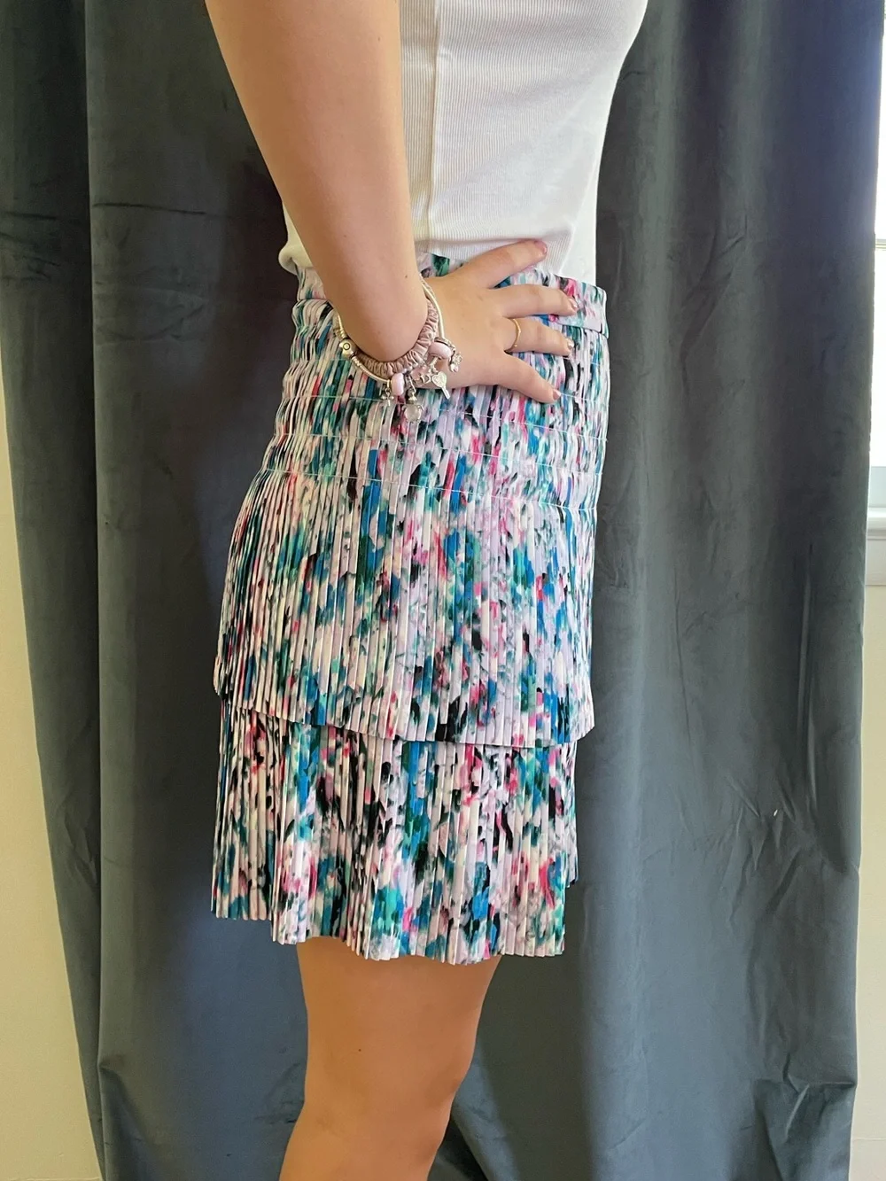 J. Crew Tiered Watercolor Pleated Mini Skirt - Pink, Teal & Black